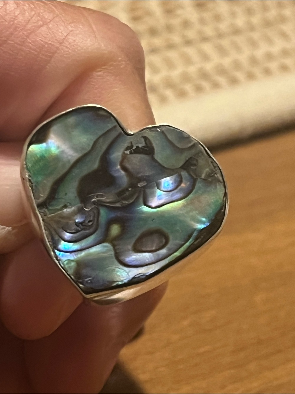 Heart-Shaped Abalone Shell Ring in Iridescent Blue-Green-size 6.5